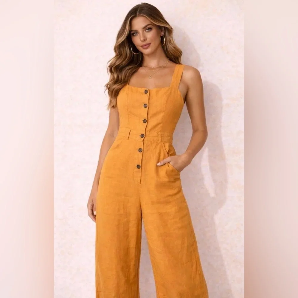 REFORMATION Wide Leg Linen Jumpsuit in Mustard Yellow - Size 8